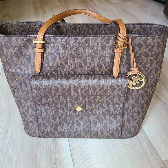 Michael Kors Handbags - Michael Kors Jet Set 3 Section Saffiano Leather Brown Signature Pattern Tote